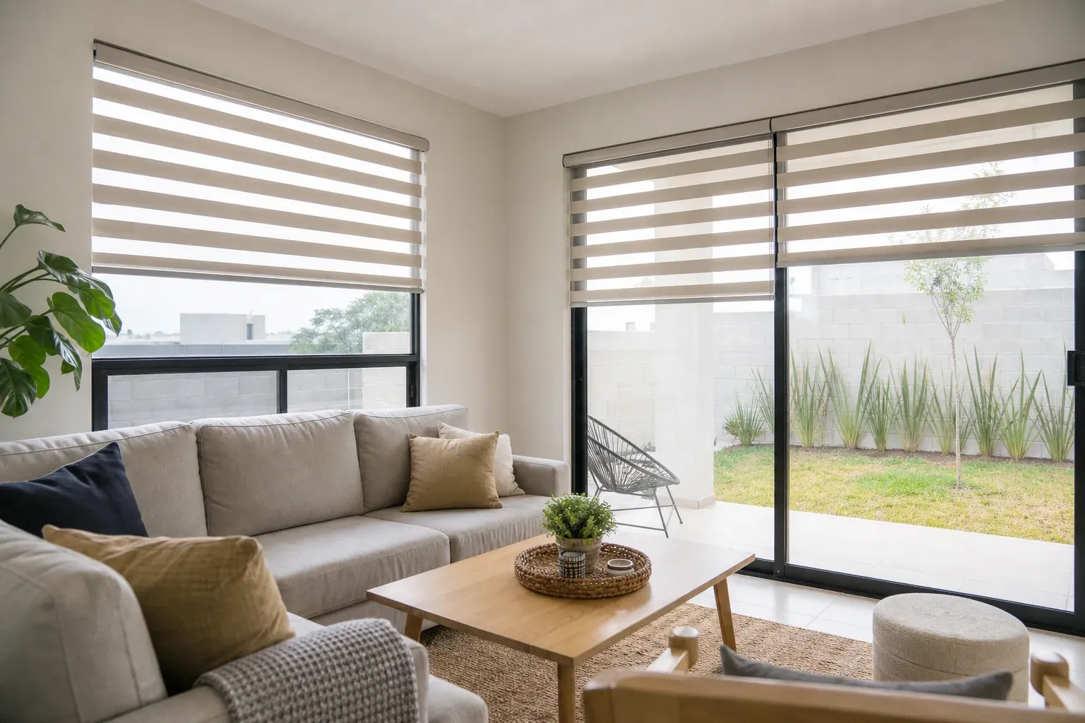 Sala con persianas para privacidad y control de luz