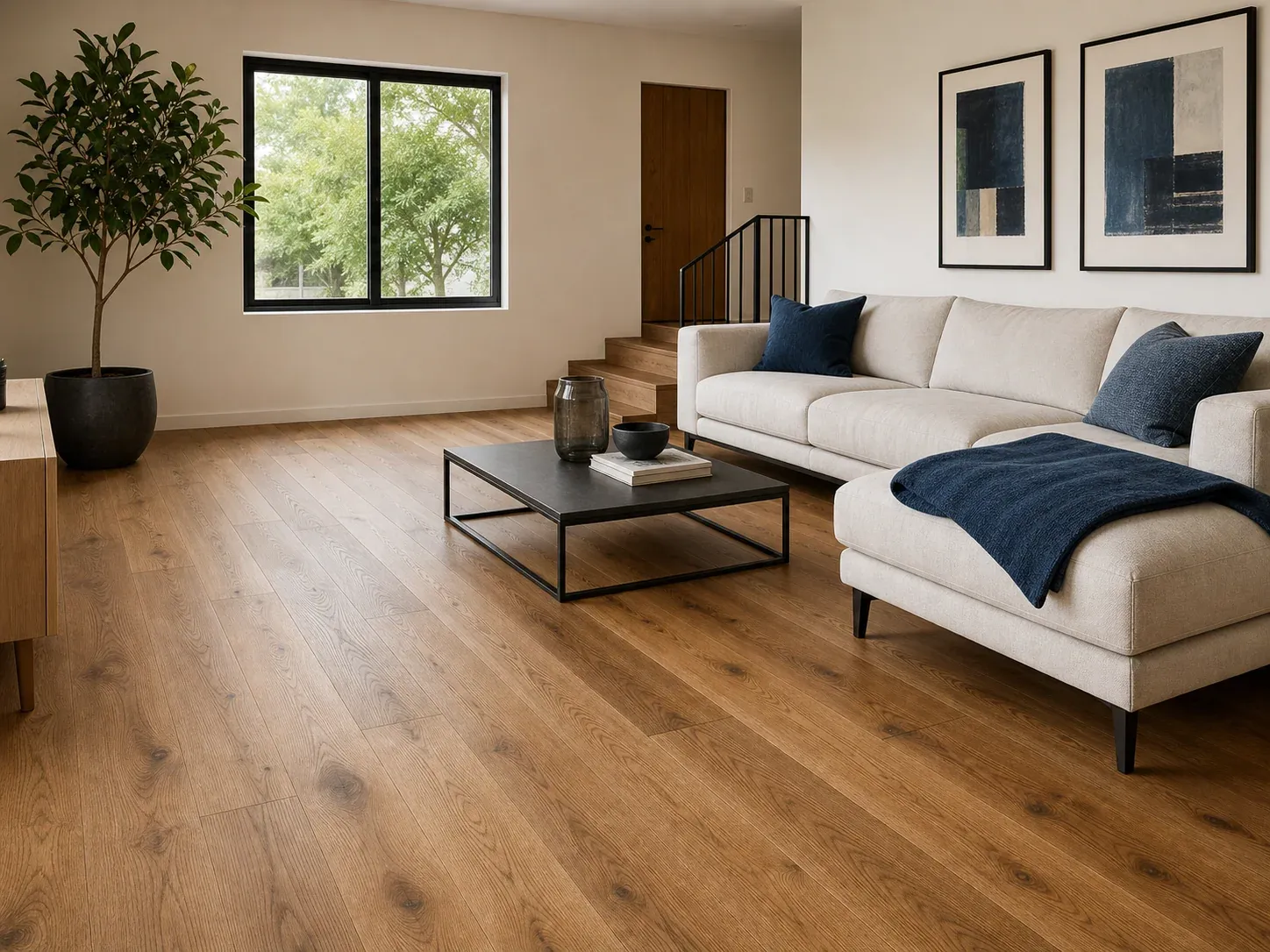Sala con piso de duela y acabados cálidos