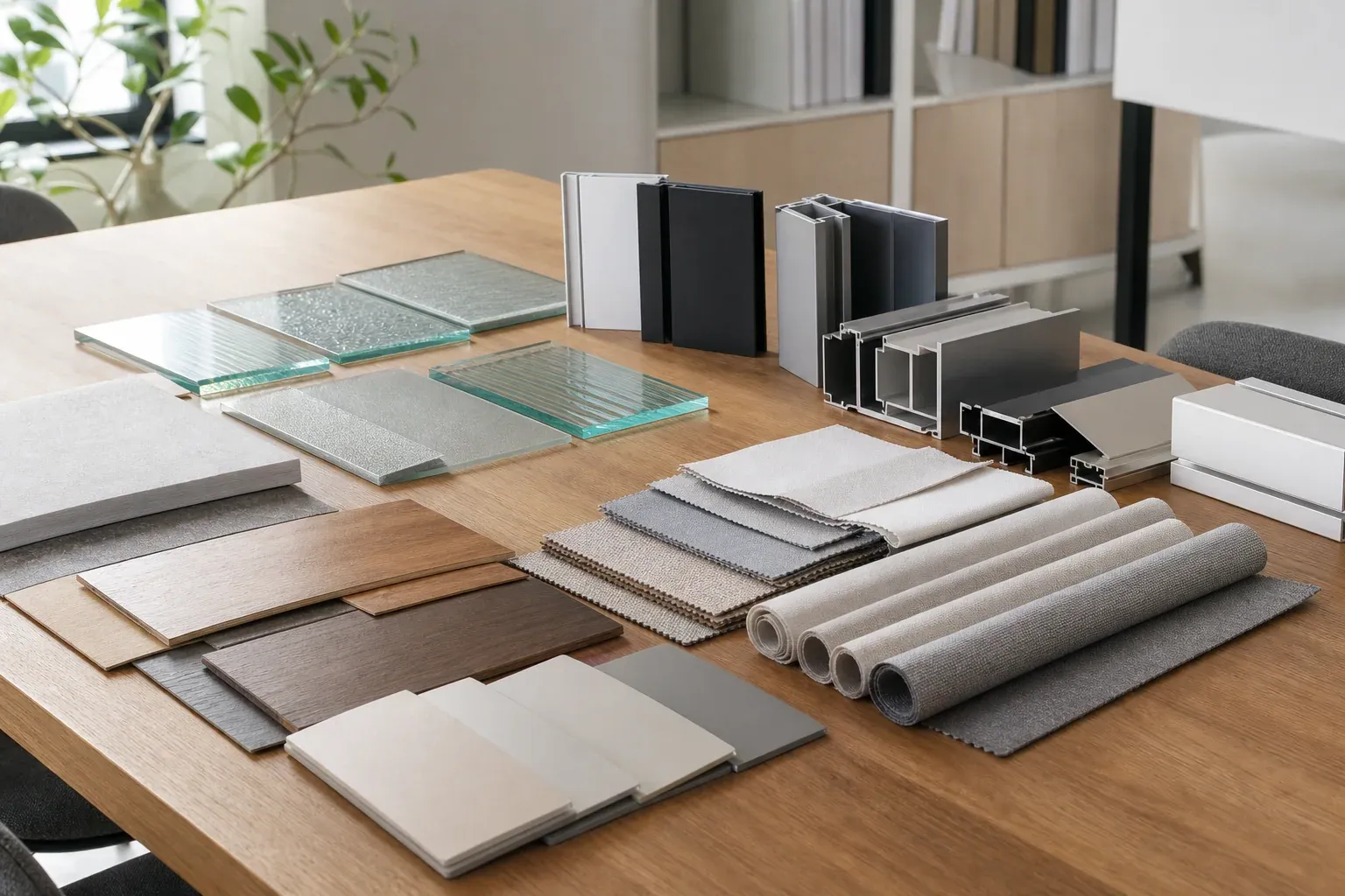 Muestras de vidrio, aluminio, persianas y acabados