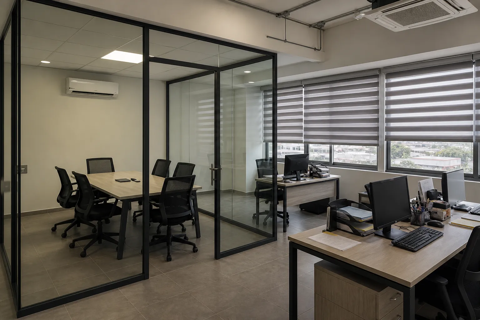 Oficina con divisiones de vidrio y aluminio
